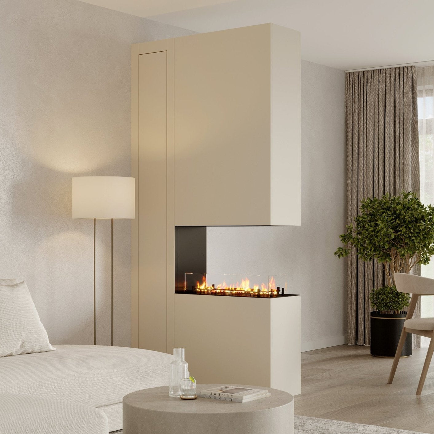 Roomdivider Maui - Minimalistisch, elektrisch, Bio-ethanol haard, stuc, verf, Haardmeubel, Maatwerk, Doorkijk, Tunnel