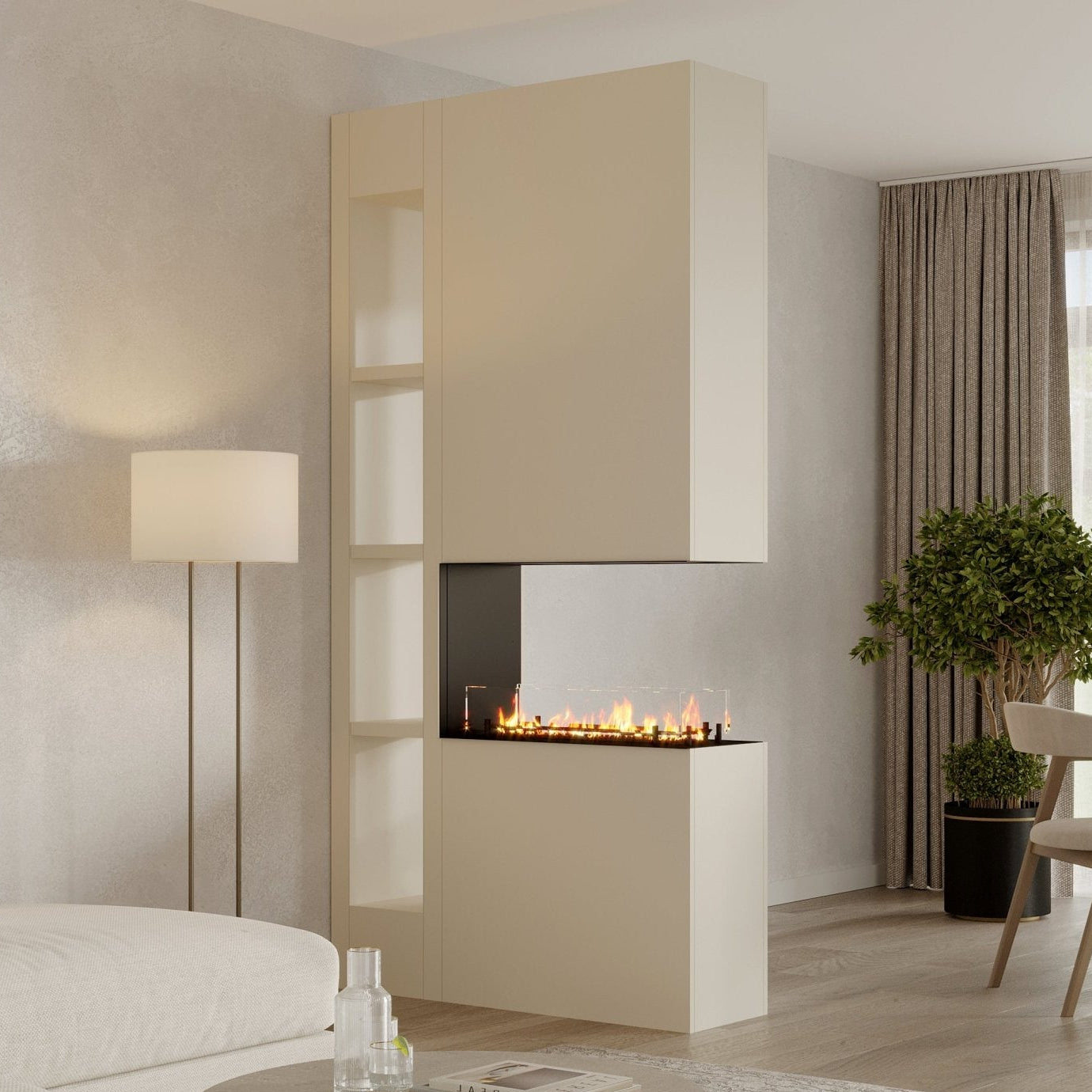 Roomdivider Nova - Minimalistisch, elektrisch, Bio-ethanol haard, stuc, verf, Haardmeubel, Maatwerk, Doorkijk, Tunnel
