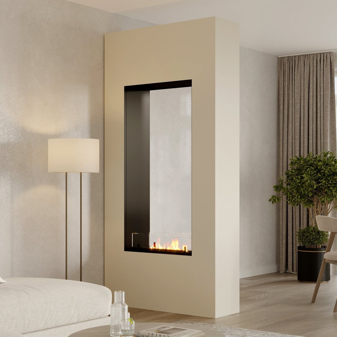 Roomdivider Donello - Minimalistisch, elektrisch, Bio-ethanol haard, stuc, verf, Haardmeubel, Maatwerk, Doorkijk, Tunnel