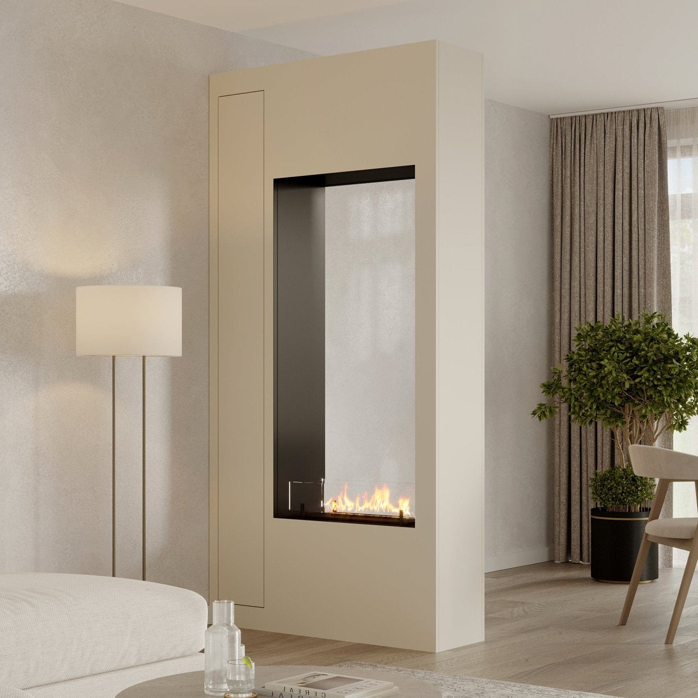 Roomdivider Flinn - Minimalistisch, elektrisch, Bio-ethanol haard, stuc, verf, Haardmeubel, Maatwerk, Doorkijk, Tunnel