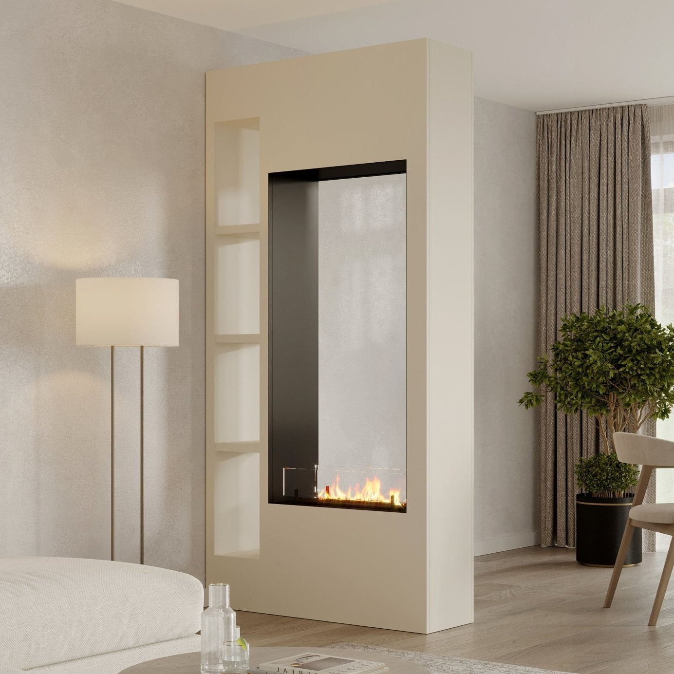 Roomdivider Bayo - Minimalistisch, elektrisch, Bio-ethanol haard, stuc, verf, behang, Haardmeubel, Maatwerk, Doorkijk, Tunnel