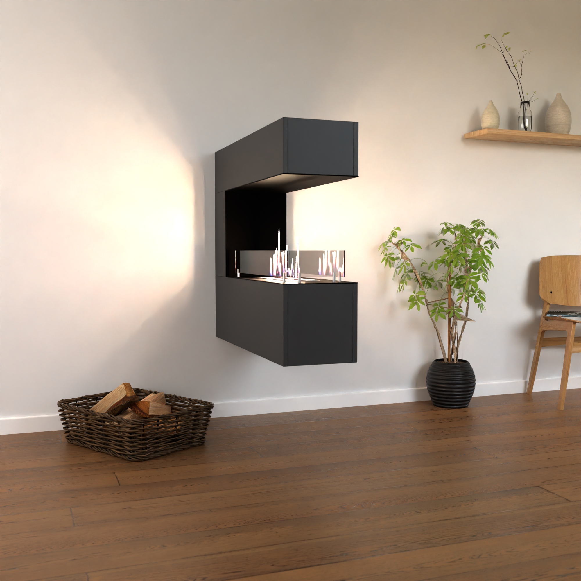 Stijlvolle ruimteverdeler met echt vuur